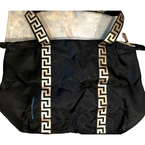 Versace Parfums Black Gold Tote Bag Greek Keys Straps Zip Pockets Fold in Case - Picture 1 of 11